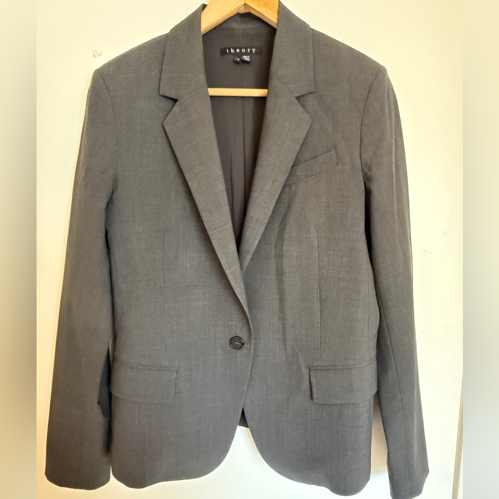 Theory Grey Wool Stretch Blazer Size 12 Tailored Career Jacket
